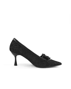 Detailed side view of elegant black lace pointed-toe high heels with bow