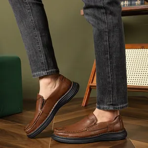 Men's brown leather slip-on loafers with thick soft sole for business casual wear