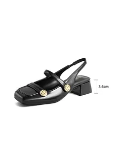 Detailed side view of black square-toe slingback Mary Jane sandals with 3.6cm block heel