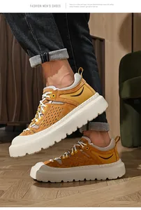 Modieuze mosterdgele heren sportschoenen met dikke zool en veters van varkensleer