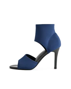Elegant blue fly-knit peep-toe stiletto sandal shown in detailed side profile