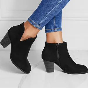 Elegant black suede chunky heel ankle boots with side zipper and round toe for women