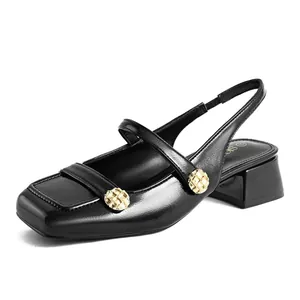 Women Square Toe Block Heel Sandals Retro Slingback Mary Jane Shoes Solid PU Patent Leather Gold Buckle Mid Heel Sandals