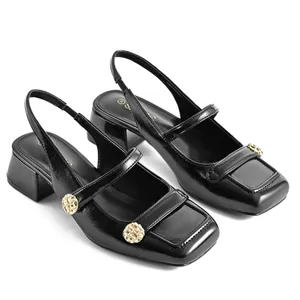 Elegant black patent leather square toe slingback Mary Jane pumps with chunky heel