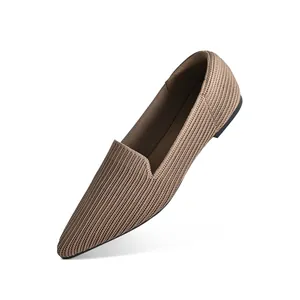 Elegant women's pointed toe flyknit flats with breathable knit upper in khaki brown