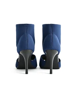 Rear view of navy blue flyknit stiletto sandals showing the sleek heel design.