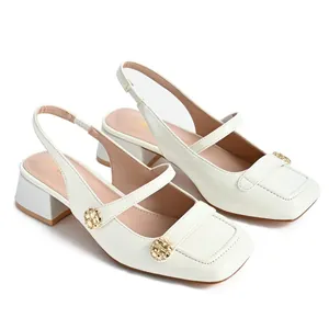 Elegant off-white square toe slingback Mary Jane shoes with chunky block heels for women