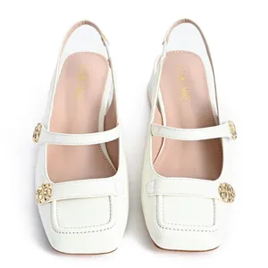 White square toe Mary Jane sandals with gold buckle details and elegant slingback strap.