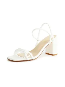 Elegant white square toe block heel sandals with delicate thin straps for summer.