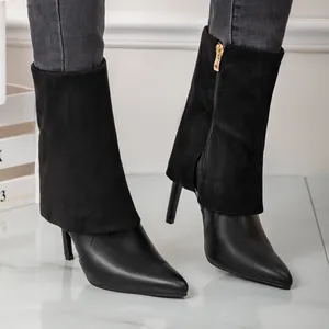 Elegante schwarze spitze Stilettostiefel mit modischem Hosenbein-Lagen-Design für Damen