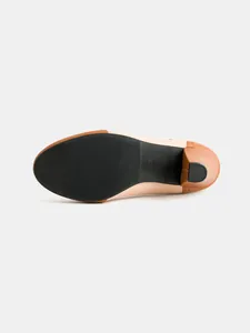 Close-up view of the durable black anti-slip sole on elegant brown block heel pump shoes