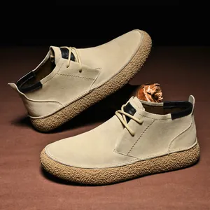 Men's premium suede leather mid-top casual shoes with thick durable rubber sole