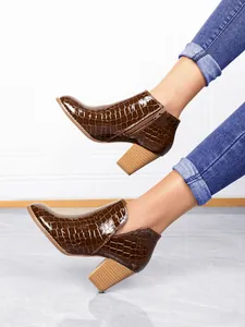 Women's brown crocodile-embossed block heel ankle boots with side zipper
