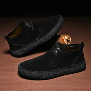 Premium black suede men's mid-top casual leather boots with durable textured rubber sole