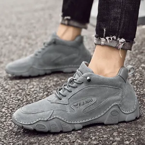 Scarpe casual da uomo in pelle di maiale grigia con lacci elastici e suola morbida