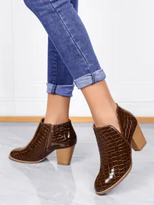 Elegant brown crocodile embossed patent leather block heel ankle boots with side zipper