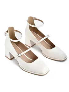 Elegant cream white glossy patent leather block heel Mary Jane shoes with square toe