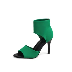 Fashionable green fly-knit peep toe stiletto sandals featuring an ankle wrap design