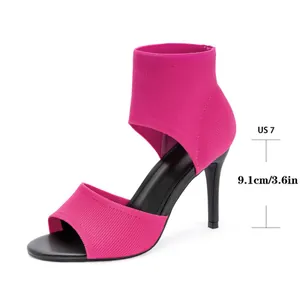Elegant fuchsia fly-woven peep-toe stiletto sandals with a 9.1cm high heel