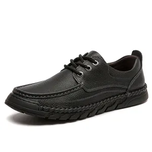Scarpe casual da uomo in vera pelle nera cucite a mano con lacci e suola morbida