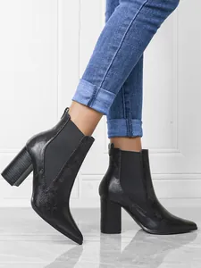 Stylish black snakeskin textured chunky high heel ankle boots with pointed toe design