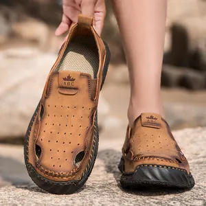 Heren zomer leren sandalen met zachte zool, hol voor strand en vrije tijd gebruik