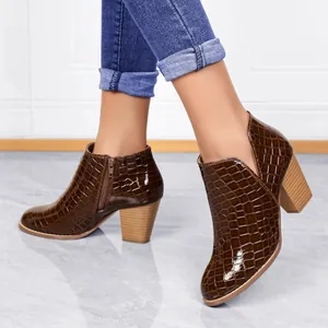 Glossy brown crocodile embossed ankle boots with chunky heels and side zipper detail