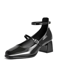Black patent leather Mary Jane pumps with square toe, chunky heel and double straps