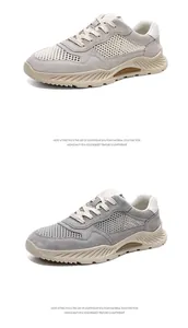 Detailweergave van herenmesh-sneakers van varkensleer in grijs en beige met EVA-zolen.