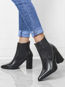 Stylish black snake-embossed pointed toe chunky high heel Chelsea boots for women