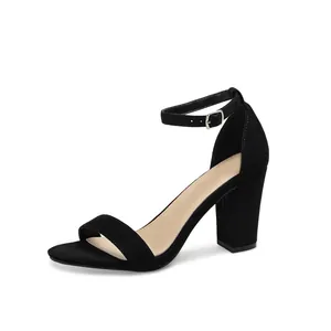 Elegant black suede block heel sandals with adjustable ankle strap for women's summer wear
