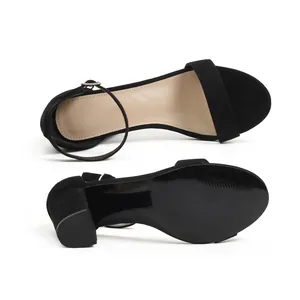 Detailed view of women's black chunky heel sandals showing the footbed and sole design.