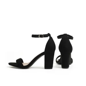 Detailed side and back view of elegant black suede block heel sandals with ankle strap