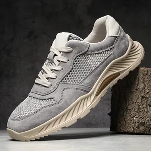 Stijlvolle ademende heren sneakers van mesh en varkensleer in grijs en beige kleuren