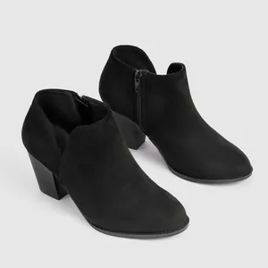 Elegant black suede block heel ankle boots with side zipper and round toe design