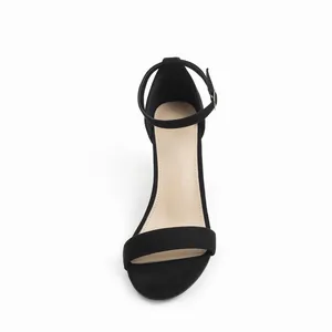Detail top view of elegant black suede block heel sandal with adjustable ankle strap
