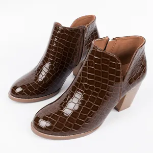 Stylish brown crocodile pattern chunky heel ankle boots with round toe and side zipper