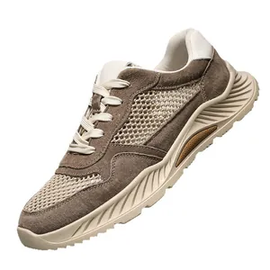 Ademende casual herensneakers van suède en mesh in kaki met dikke antislip rubberen zool