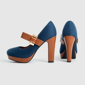 Detailed side and back view of navy blue Mary Jane platform shoes with block heels