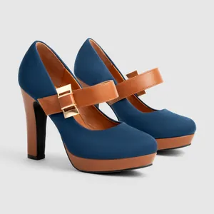 Side view of elegant blue suede Mary Jane pumps featuring brown chunky heels and platform