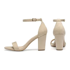 Side and back view of beige suede block heel sandals with adjustable ankle strap