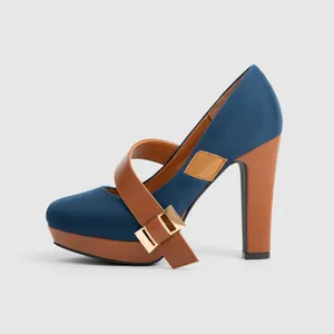 Elegant navy blue and brown platform Mary Jane high heels with block heel and gold buckle