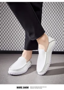 Mens white cowhide loafers with soft soles and comfortable driving shoe casual style