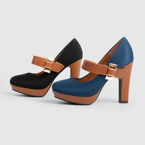 Two pairs of round-toe platform Mary Jane shoes with chunky high heels and gold buckles