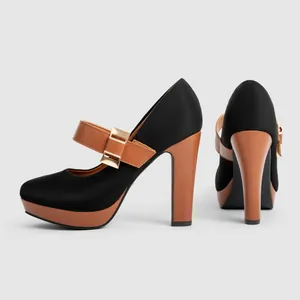 Side and rear detail view of black and tan Mary Jane platform pumps with chunky high heels