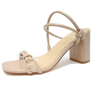 Elegant nude square toe block heel sandals with minimalist thin straps for women