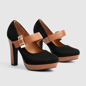 Detailed view of elegant black and brown Mary Jane platform pumps with chunky high heels.
