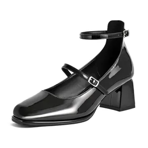 Women Patent Leather Mary Jane Shoes Block Heel Square Toe Single Ankle Strap Pumps Fashion Retro Dress Shoes For Wedding