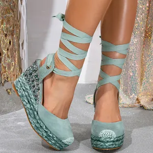 Elegant green lace-up wedge sandals with sparkling rhinestones and high platform sole
