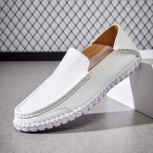 Men's First Layer Cowhide Loafers Low Top Soft Sole Casual Driving Shoes Slip-On Hand-Stitched Litchi Texture Men's Footwear